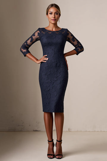 Bodycon 3/4 Sleeve Midi Navy Mother of the Bride Dress with Lace Appliques